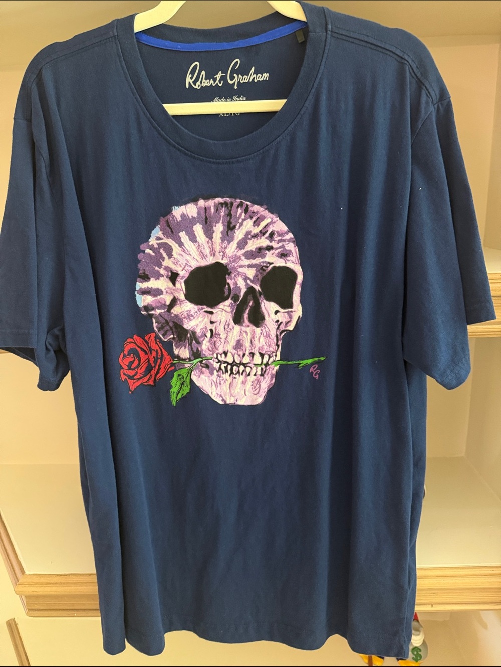 Robert Graham Navy T-Shirt with Pink Skull and Red Rose